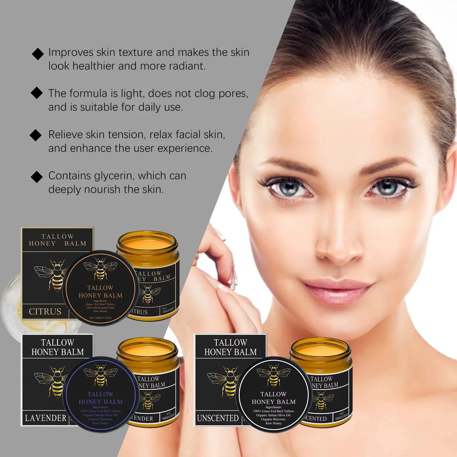 Tallow Honey Balm Firming Nourishing & Hydrating Skin Care Smoothing Soothe Skin Improves Elasticity Tallow Honey Moisturizer